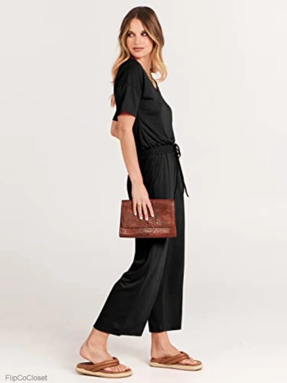 Women's Casual Wide Leg Cropped Jumpsuit V Neck Short Sleeve Romper with Pockets